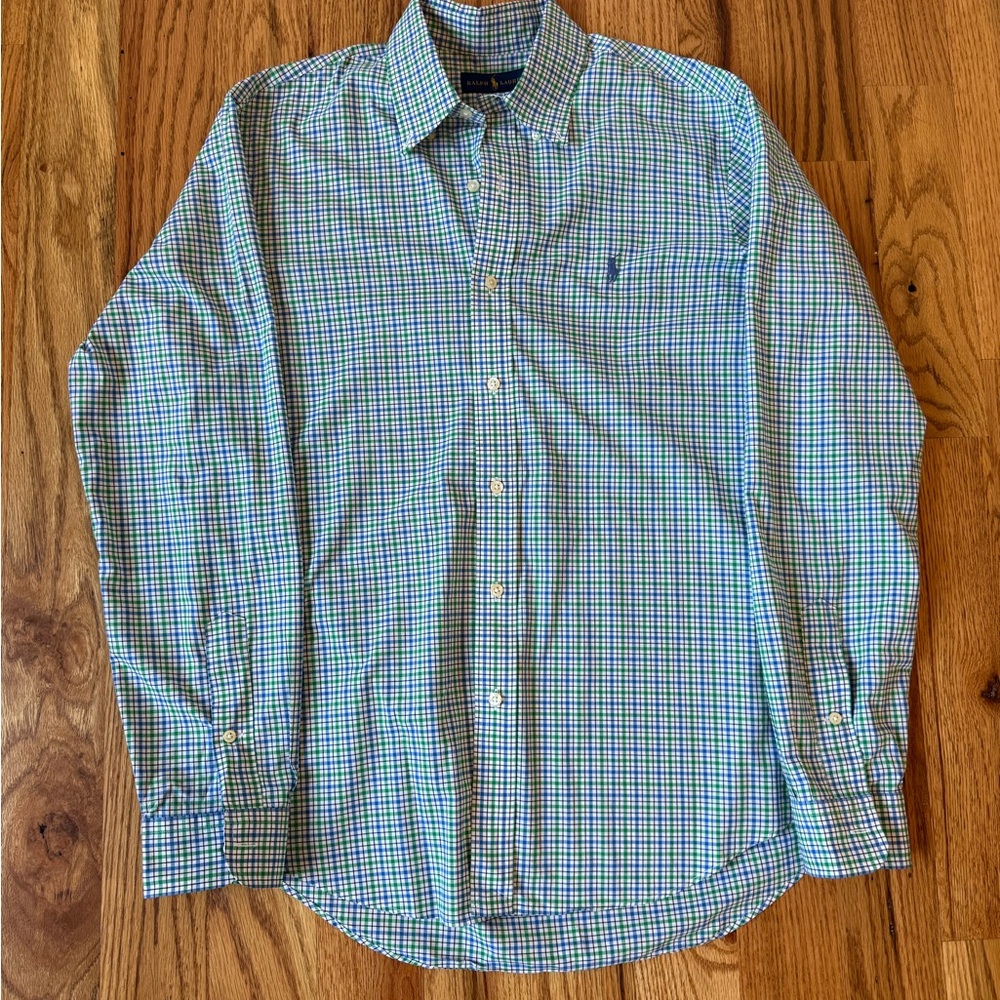 Ralph Lauren Men's Blue and Green Plaid Shirt •L•